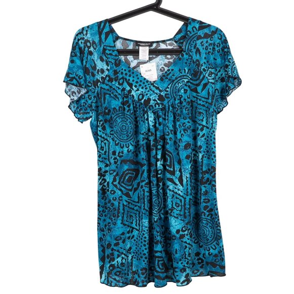 Perceptions Concept Blouse XL Womens NEW Blue Black Abstract Print Short Sleeve - Picture 1 of 5